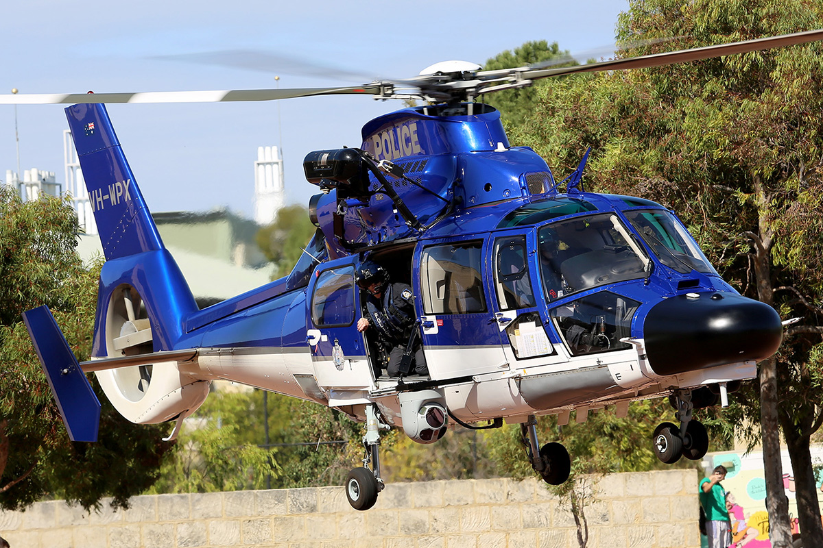 VH-WPX / POLAIR 62 Eurocopter AS365N3+ Dauphin 2 (MSN 6936, ex F-WWOX) of WA Police Air Wing, displaying at the WA Police Academy Expo in Joondalup – 2 May 2015.